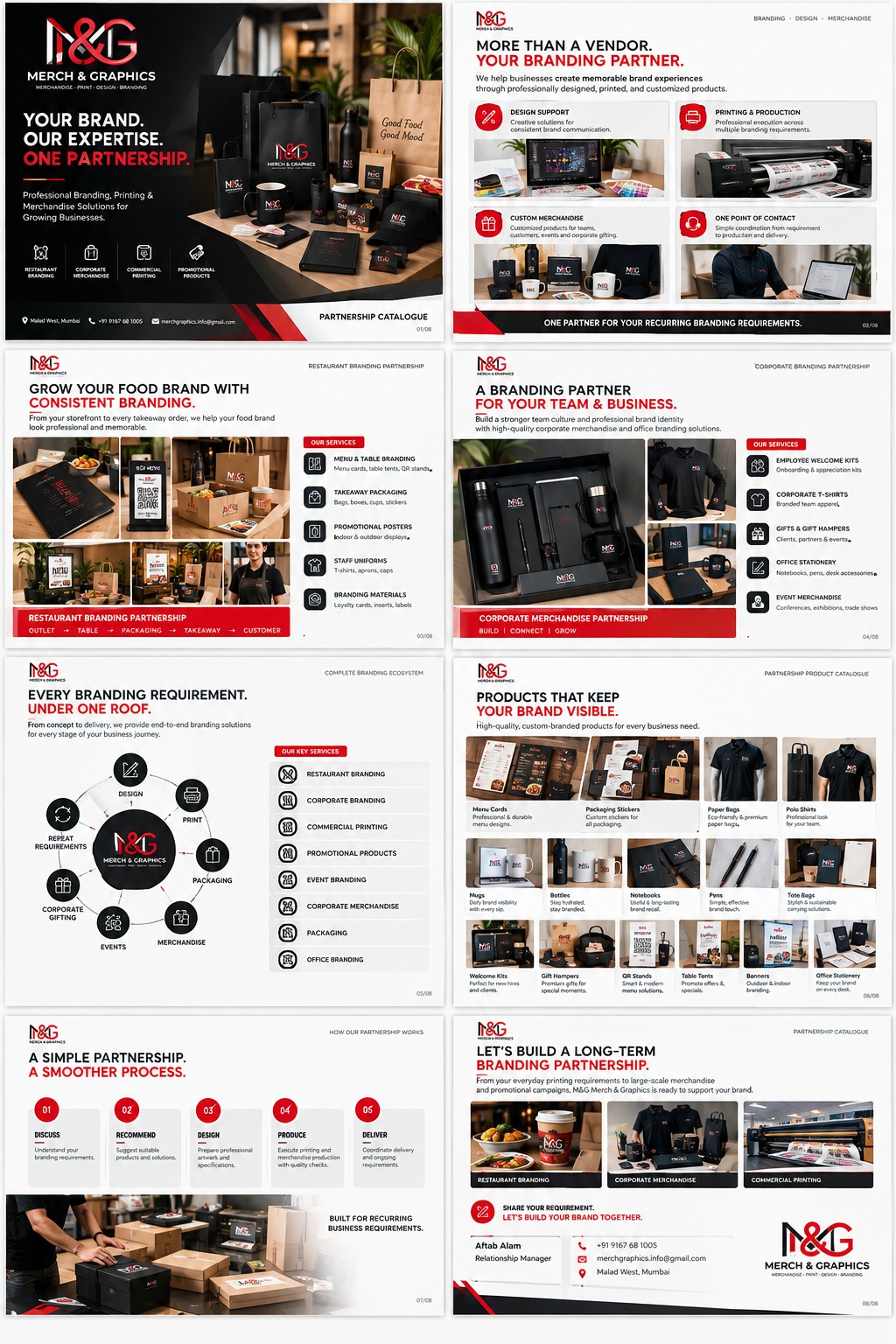 M&G Merch & Graphics partnership catalogue — 8 pages of branding, printing and merchandise solutions