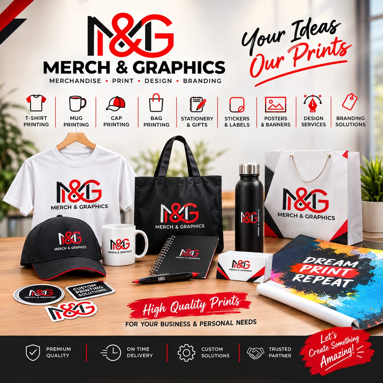 M&G branded merchandise — t-shirt, tote bag, bottle, mug and cap